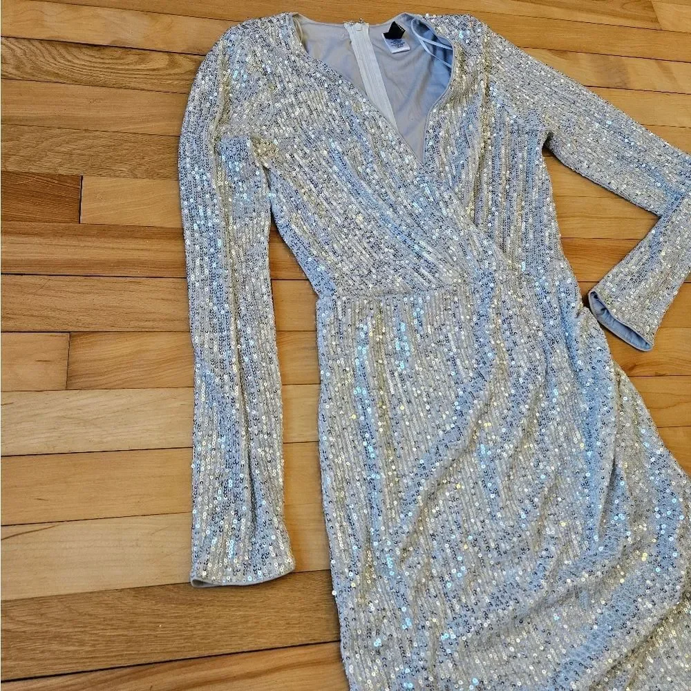 Windsor White and Silver Sequined Long Sleeve Dress
